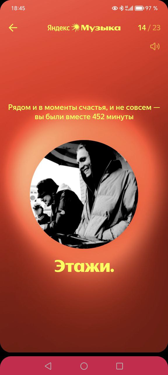 18:45 Яндекс Музыка 14 Рядом и в моменты счастья, и не совсем вы были вместе 452 минуты i 7 у i Этажи.