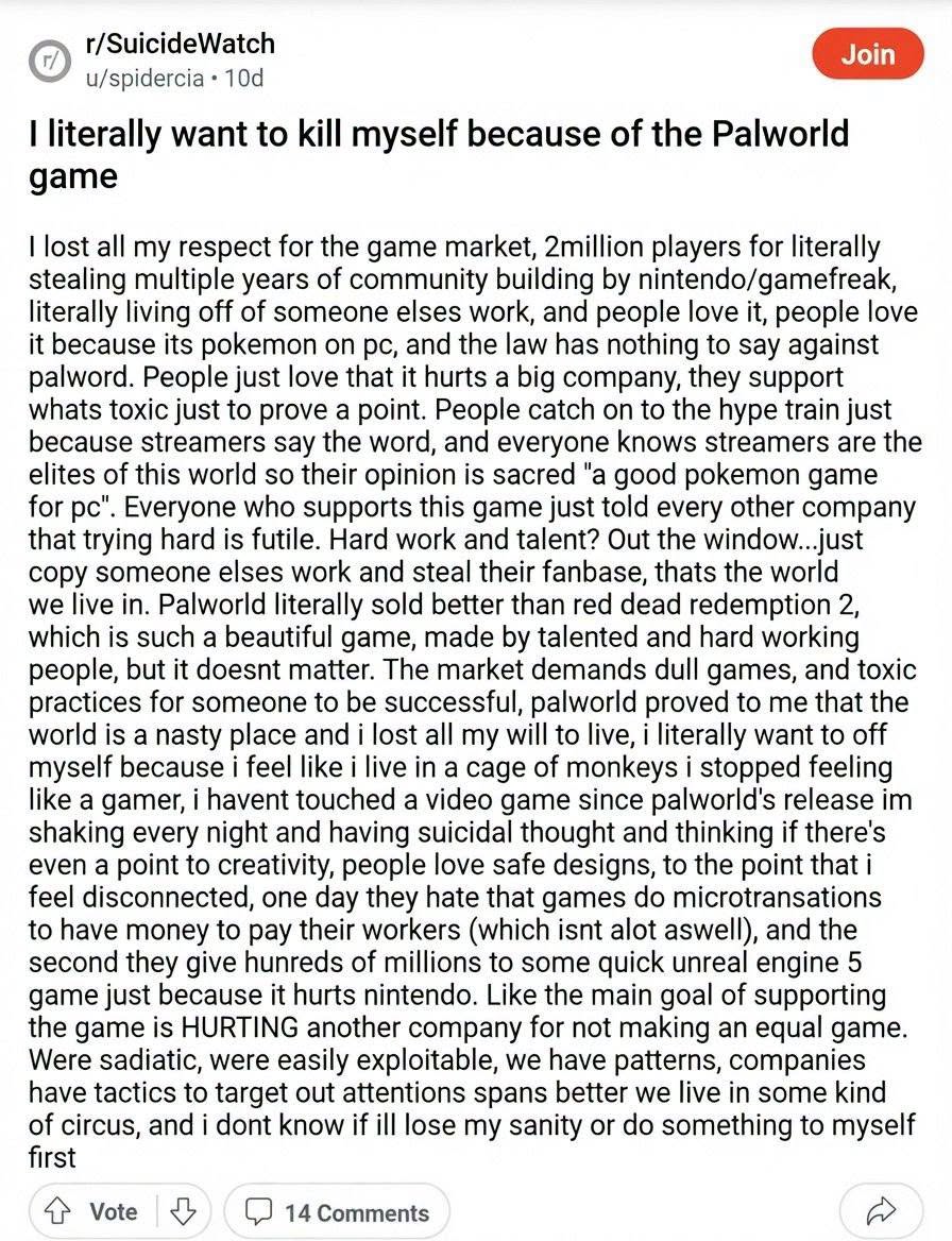 (7) и/зраегса literally want to kill myself because of the Palworld game lost all my respect for the game market, 2million players for literally stealing multiple years of community building nintendo/