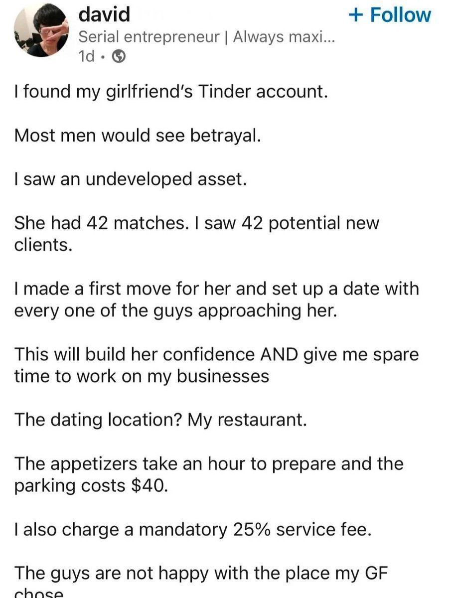 david Follow Serial entrepreneur Always maxi found my girlfriend's Tinder account Most men would see betrayal. saw an undeveloped asset. She had 42 matches. saw 42 potential new clients. made a first 