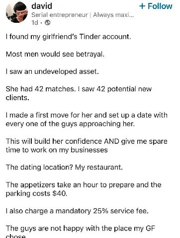 david Follow Serial entrepreneur Always maxi found my girlfriend's Tinder account Most men would see betrayal. saw an undeveloped asset. She had 42 matches. saw 42 potential new clients. made a first 