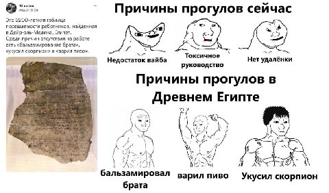10 кытня @buch10_04 Это 3200-летняя таблица Причины прогулов сейчас посещаемости работников, найденная в Дейр-эль-Медина, Египет. Среди причин отсутствия на работе есть «бальзамирование брата», «укуси