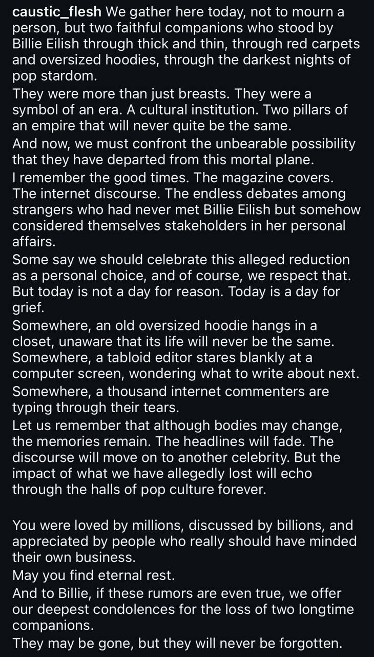 caustic_flesh We gather here today, not to а person, but two faithful companions who stood Billie Eilish through thick and thin, through red carpets and oversized hoodies, through the darkest nights o
