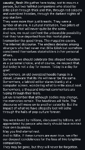 caustic_flesh We gather here today, not to а person, but two faithful companions who stood Billie Eilish through thick and thin, through red carpets and oversized hoodies, through the darkest nights o