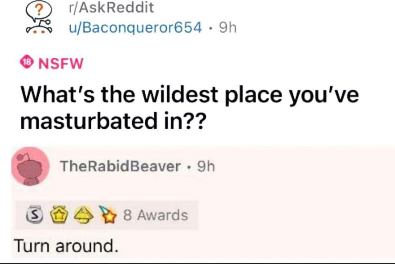r/AskReddit u/Baconqueror654 NSFW What's the wildest place you've masturbated in?? TheRabidBeaver 2 8 Awards Turn around.