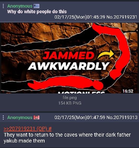 Anonymous Why white people this 02/1 ‘45:39 No.207919231 АМ/КУЛ 16:52 file.png 154 PNG Anonymous 02/17/25(Mon)01:47:59 No.207919313 7 5 want to sturn to the caves where their dark father yakub made th