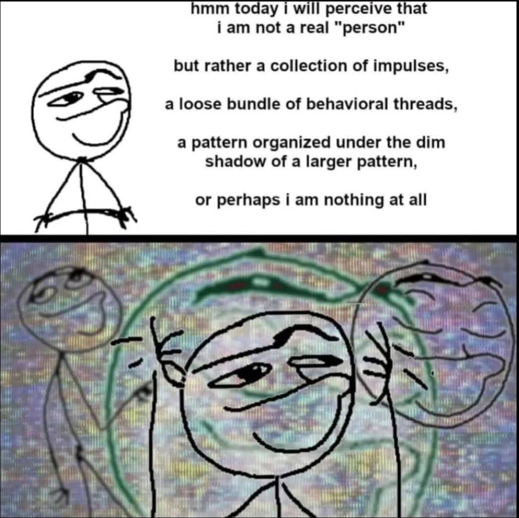 perceive that not а real "person" but rather a collection of impulses, a loose bundle of behavioral threads, a pattern organized under the dim shadow of a larger pattern, or perhaps i nothing at all w