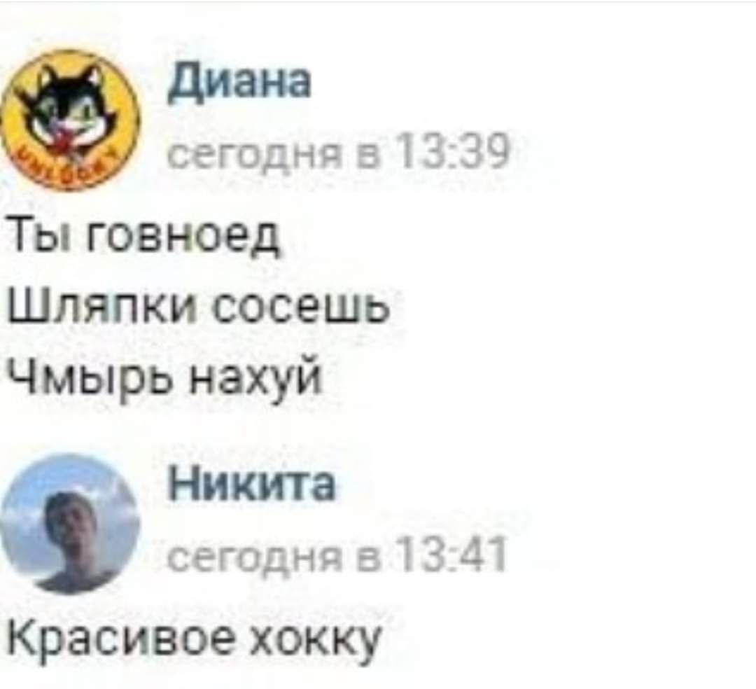 Диана сегодня в 13:39 Ты говноед Шляпки сосешь Чмырь нахуй Никита 2 сегодня в 13:41 Красивое хокку