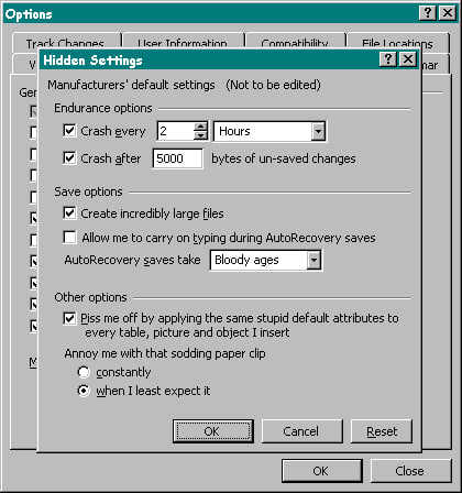 Track Channes File default settings (Not to be edited) Ger Endurance options Crash every [2 Hours Crash after 5000 bytes of un-saved changes Save options Create incredibly large files Allow me to carr