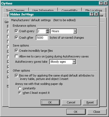 Track Channes File default settings (Not to be edited) Ger Endurance options Crash every [2 Hours Crash after 5000 bytes of un-saved changes Save options Create incredibly large files Allow me to carr