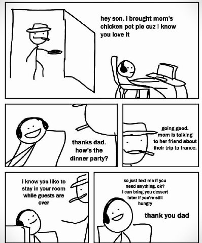 hey son. i brought mom's chicken pot pie cuz i know you love it going good mom is talking thanks dad to her friend about their trip to france. how's the dinner party? i know you like to so just text m