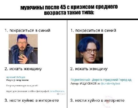 мужчины после 45 с кризисом среднего возраста такие типа: 1. покраситься в синий 1. покраситься в синий 2. искать женщину 2. искать женщину Ищу жизни Поднебесный Дорога стра город-ад Автор: ИЩУ СЕКСИ!