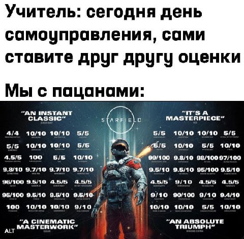 Учитель: сегодня день самоуправления, сами ставите друг другу оценки Мы с пацанами: “AN INSTANT А CLASSIC” MASTERPIECE” 4/4 10/10 10/10 5/5 5/5 10/10 10/10 5/5 5/5 10/10 10/10 55 46/5 10/10 5/5 10/10 