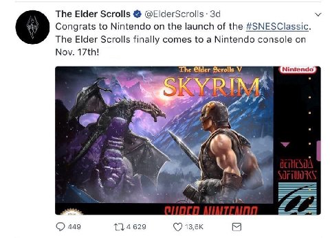 The Elder Scrolls @ElderScrolls За Congrats to Nintendo on the launch of the #SNESClassic. The Elder Scrolls finally comes to a Nintendo console on Nov. he Scrolls У Nintendo 6 к if i 449 4629 (7