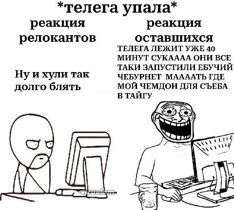 *телега упала* реакция реакция релокантов оставшихся ТЕЛЕГА ЛЕЖИТ УЖЕ 40 МИНУТ СУКАААА ОНИ ВСЕ ТАКИ ЗАПУСТИЛИ ЕБУЧИЙ Ну и хули так ЧЕБУРНЕТ МААААТЬ ГДЕ долго блять МОЙ ЧЕМДОН ДЛЯ СЪЕБА В ТАЙГУ 1 Wiss