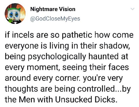Nightmare Vision @GodCloseMyEyes if incels are so pathetic how come everyone is living in their shadow, being psychologically haunted at every moment, seeing their faces around every corner. youre ver