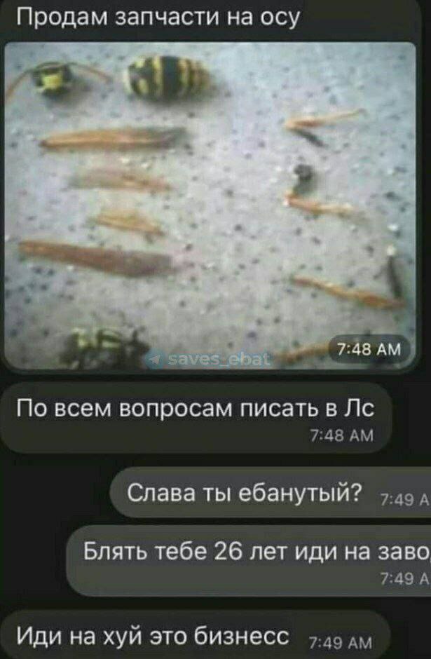 Продам запчасти на осу 7:48 По всем вопросам писать в 7:48 Слава ты ебанутый? 37.49 4 Блять тебе 26 лет иди на заво 7:49 А Иди на хуй это бизнесс 7-49