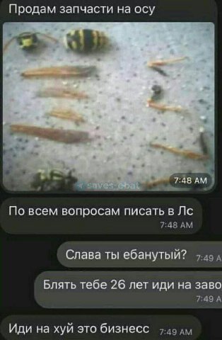 Продам запчасти на осу 7:48 По всем вопросам писать в 7:48 Слава ты ебанутый? 37.49 4 Блять тебе 26 лет иди на заво 7:49 А Иди на хуй это бизнесс 7-49