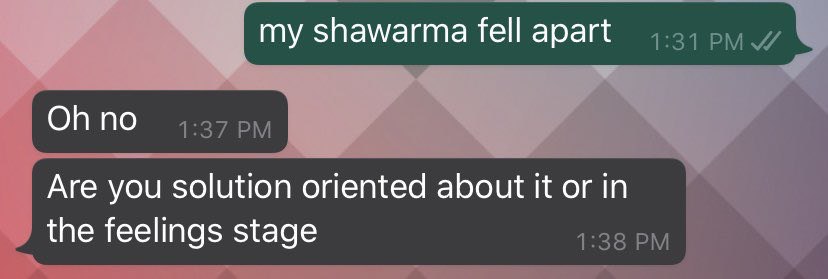 my shawarma fell apart no Are you solution oriented about It or In the feelings stage