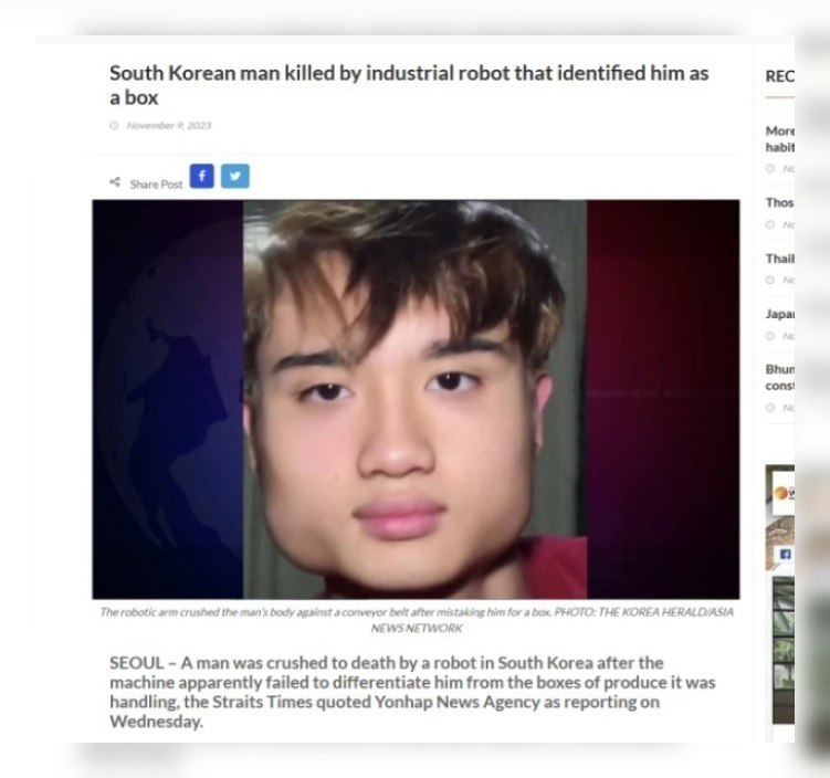 South Korean man killed industrial robot that identified him as REC a box More habit Thos Thail Зара! Bhur consi SEOUL A man was crushed to death a robot in South Korea afte the machine apparently fai