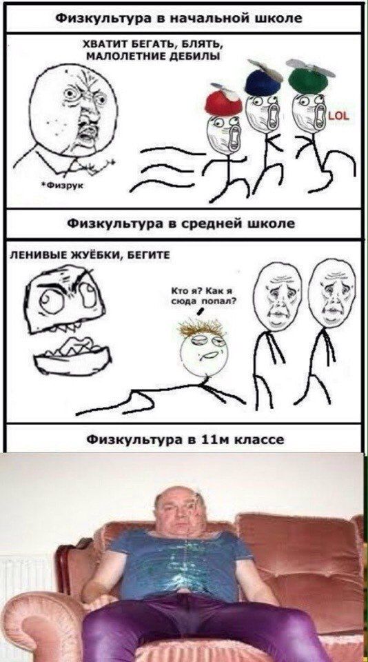 Физкультура в начальной школе ХВАТИТ БЕГАТЬ, БЛЯТЬ, МАЛОЛЕТНИЕ ДЕБИЛЫ к *Физрук Физкультура в средней школе ЛЕНИВЫЕ ЖУЁБКИ, БЕГИТЕ Кто я? Как я сюда попал? 4 Физкультура в классе