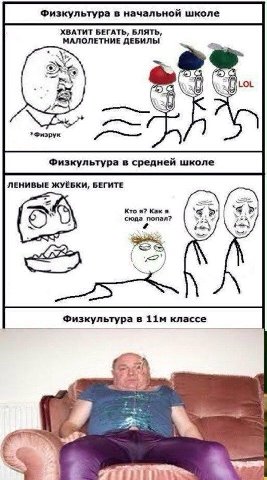 Физкультура в начальной школе ХВАТИТ БЕГАТЬ, БЛЯТЬ, МАЛОЛЕТНИЕ ДЕБИЛЫ к *Физрук Физкультура в средней школе ЛЕНИВЫЕ ЖУЁБКИ, БЕГИТЕ Кто я? Как я сюда попал? 4 Физкультура в классе
