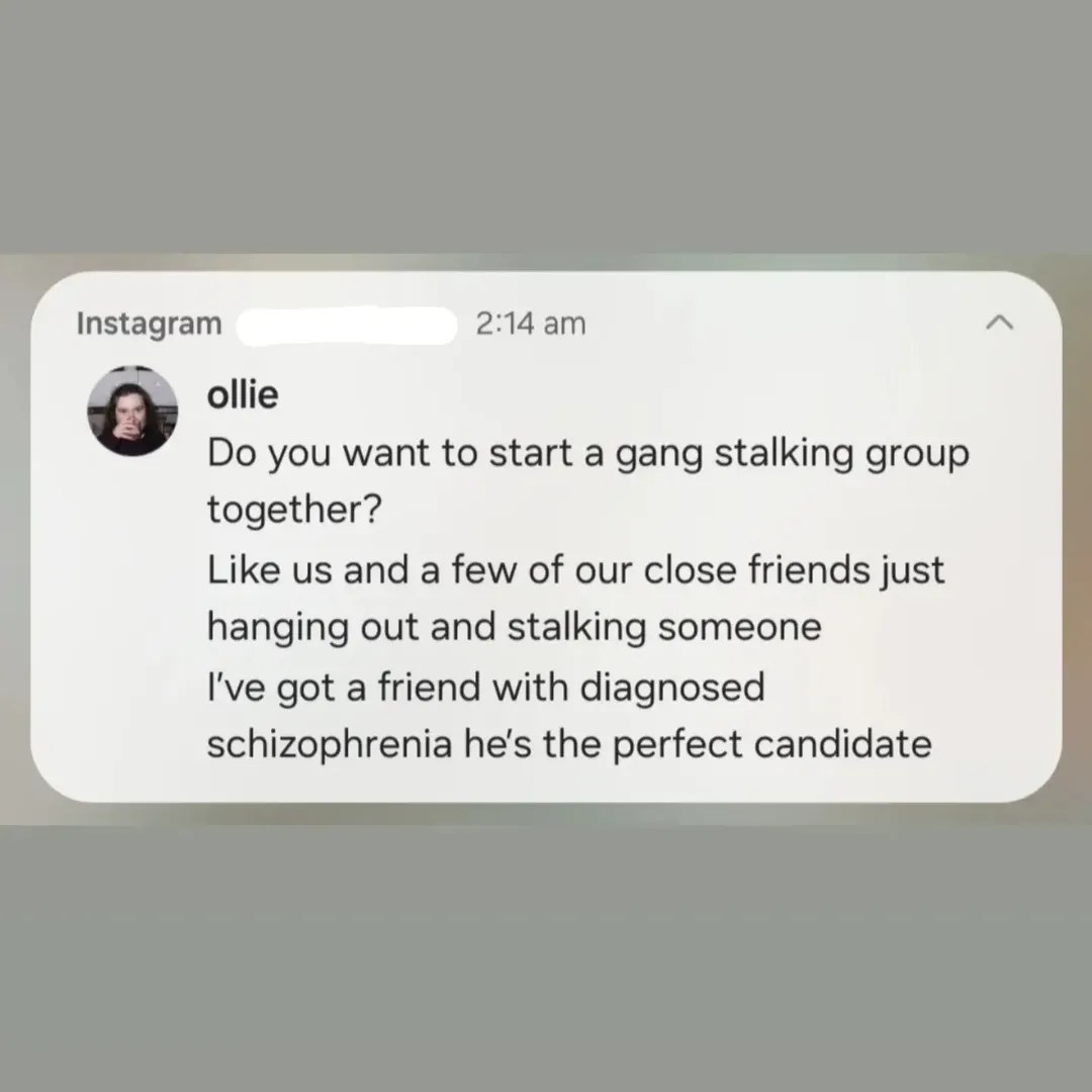 Instagram ollie you want to start a gang stalking group together? Like and a few of our close friends just hanging out and stalking someone I've got a friend with diagnosed schizophrenia he's the perf