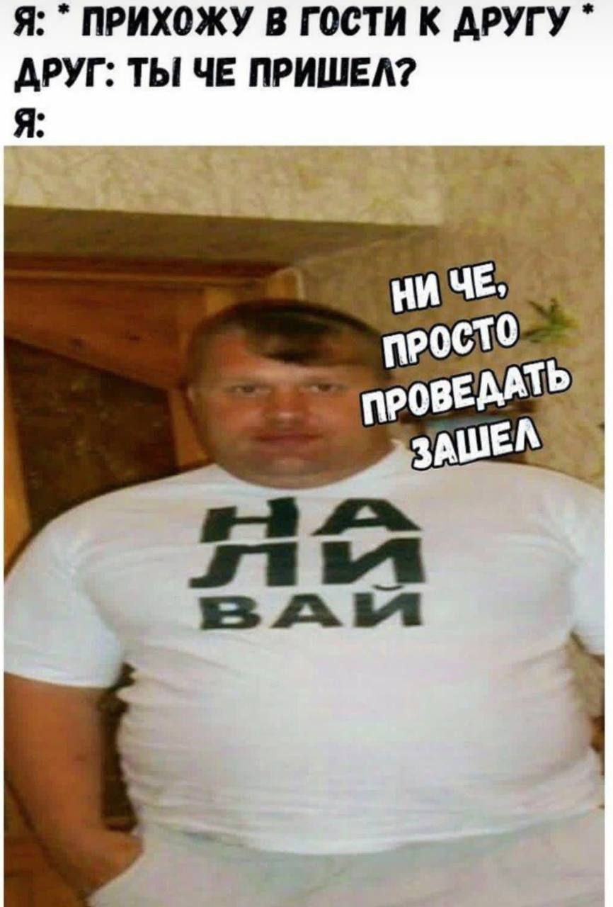 Я: ПРИХОЖУ В ГОСТИ К ДРУГУ ДРУГ: ТЫ ЧЕ ПРИШЕЛ? Я: ЧЕ, 3 АШЕЛ