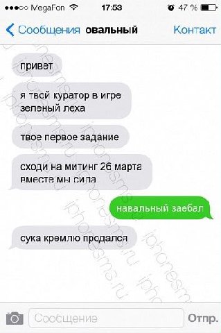 МедаРоп 17:53 47% Сообщения овальный Контакт привет я твой куратор в игре зеленый леха твое первое задание сходи на митинг 26 марта вместе мы сила сука кремлю продался Отпр.