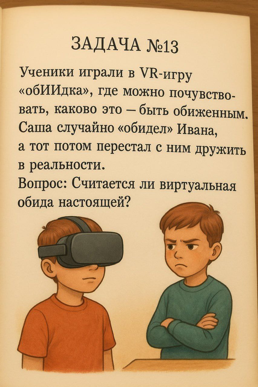 ЗАДАЧА №13 Ученики играли в VR-urpy «обИИдка», где можно почувство- вать, каково это быть обиженным. Саша случайно «обидел» Ивана, а тот потом перестал с ним дружить в реальности. Вопрос: Считается ли