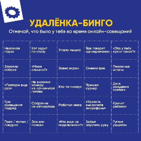 УДАЛЕНКА-БИНГО Отмечай, что было у тебя во время онлайн-совещаний еловкая Кот ходит Упала мышка Все говорят «Это утебя ауза по столу одновременно кухня такая?» Залаяла «Меня Завис экран Сменил фон Пиж