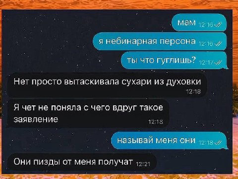Мам я небинарная персона 49-16 ТЫ ЧТО ГУГЛИШЬ? 7 Нет просто вытаскивала сухари из духовки 1278 Я чет не поняла с чего вдруг такое заявление 12:18 называй меня они 7 Они пизды от меня получат