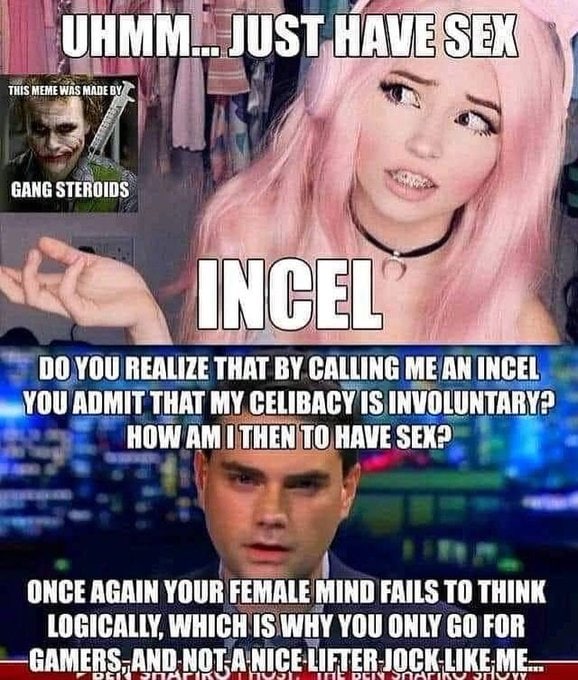 UHMM... JUST A GANG STEROIDS YOU REALIZE THAT CALLING ME AN INCEL YOU ADMIT THAT MY CELIBACY IS INVOLUNTARY? HOW I THEN TO HAVE SEK? ONCE AGAIN YOUR FEMALE MIND FAILS TO THINK LOGICALLY, WHICH IS WHY 