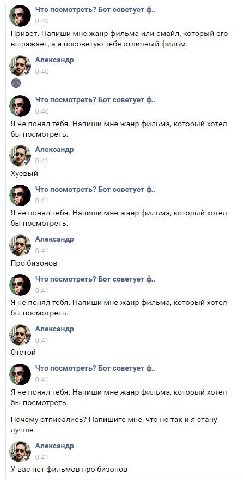Что посмотреть? Бот советует Привет. Напиши мне жанр фильма или смайл, который его выражает, а я посоветую тебе отличный фильм. Александр Что посмотреть? Бот советует Я не понял тебя. Напиши мне жанр 