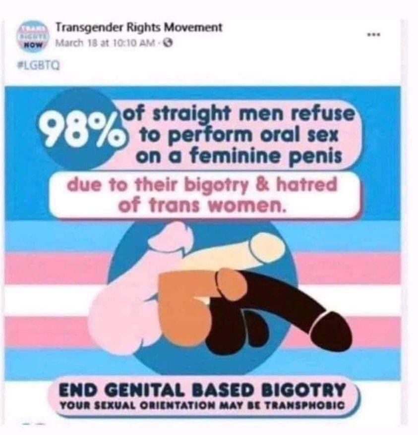 Transgender Rights Movement of straight men refuse 98% to oral sex on a feminine penis due to their bigotry hatred of trans women. GENITAL BASED BIGOTRY YOUR SEXVAL ORIENTATION MAY TRANSPHOSIC