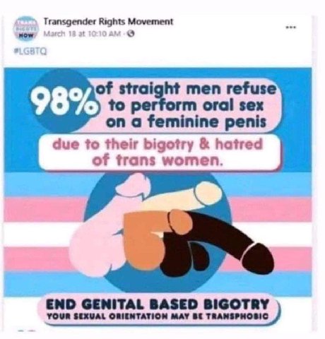 Transgender Rights Movement of straight men refuse 98% to oral sex on a feminine penis due to their bigotry hatred of trans women. GENITAL BASED BIGOTRY YOUR SEXVAL ORIENTATION MAY TRANSPHOSIC
