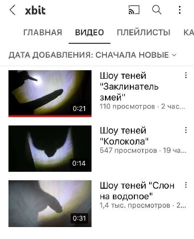 xbit ГЛАВНАЯ ПЛЕЙЛИСТЫ ВИДЕО ДАТА ДОБАВЛЕНИЯ: СНАЧАЛА НОВЫЕ Шоу теней "Заклинатель змей" 110 просмотров 2 час Шоу теней "Колокола" 547 просмотров 19 Шоу теней "Слон на водопое" 1,4 тыс. просмотров 2..