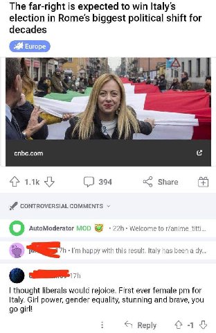 The far-right is expected to win election Rome's biggest political shift for decades 4 2 we cnbc.com 4) (2 394 Share CONTROVERSIAL COMMENTS AutoModerator MOD 7 Welcome to r/anime_titti... happy with t