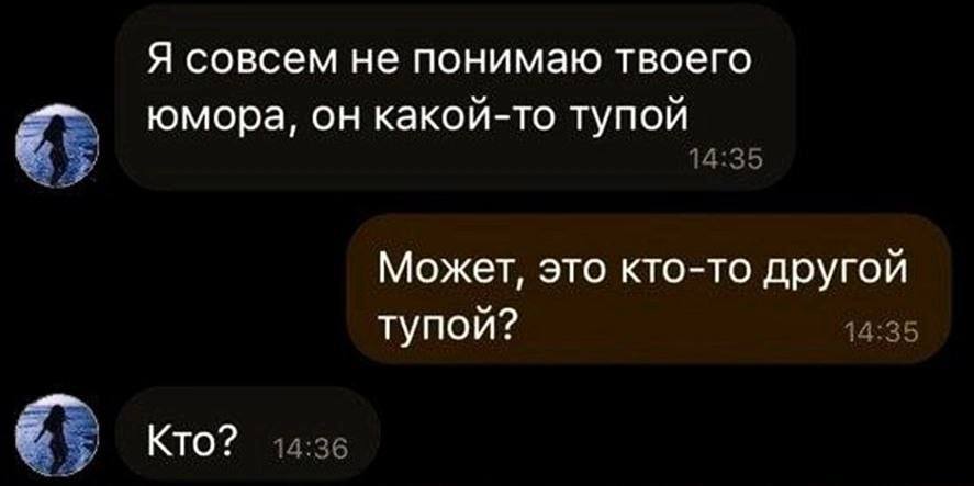 Я совсем не понимаю твоего юмора, он какой-то тупой 14:35 Может, это кто-то другой тупой? 14:35 у Кто? 14:36