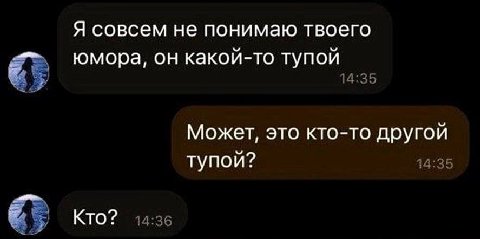 Я совсем не понимаю твоего юмора, он какой-то тупой 14:35 Может, это кто-то другой тупой? 14:35 у Кто? 14:36
