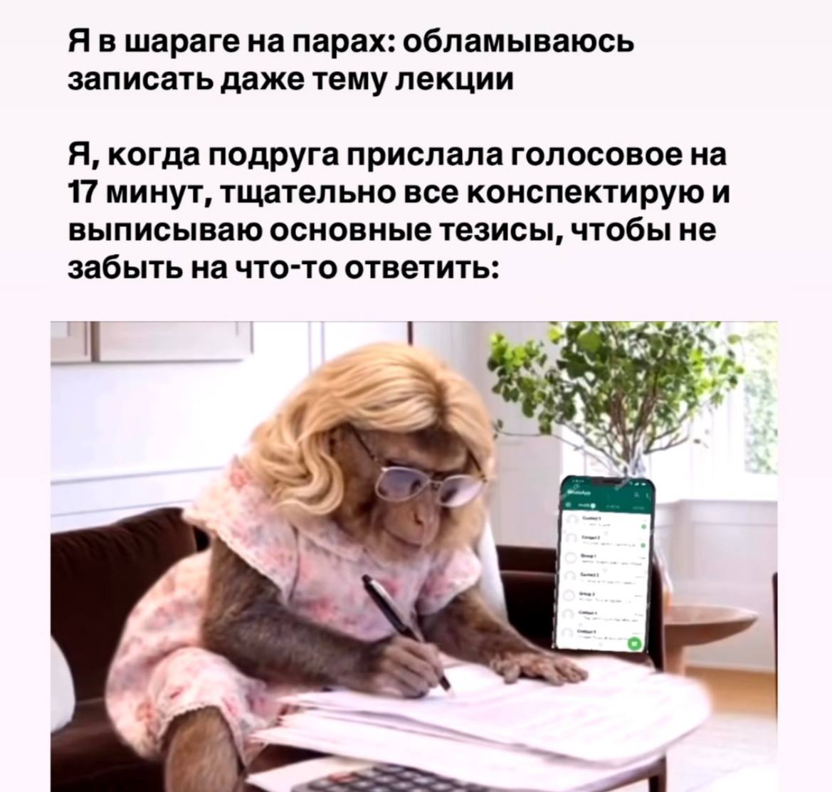 Явшараге на парах: обламываюсь записать даже тему лекции Я, когда подруга прислала голосовое на 17 минут, тщательно все конспектирую и выписываю основные тезисы, чтобы не забыть на что-то ответить: 2