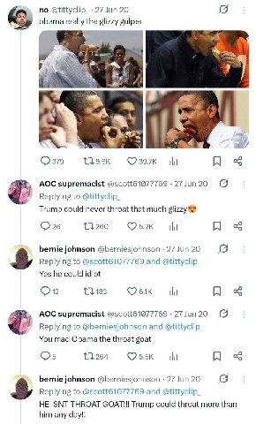 no @tittyclip_ -27Jun 20 gulp ile 4 4 379 я AOC supremacist @scott61077769 -27Jun20 Replying to @tittyclip_ Trump could never throat that much glizzy 26 bernie johnson @berniesjohnson 27 Jun 20 Replyi