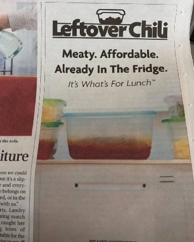 Chili Meaty. Affordable. Already In The Fridge. It's For the sofa. iture ess we could utit’s a slip- and every-
