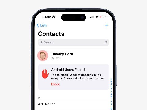 Lists Contacts Search Timothy Cook Android Users Found Tap to block 12 contacts found to using an Android device to contact you A Block с о A A ACE Air Con к