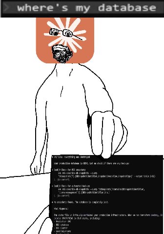 ипеге'$ my database CRITICAL: Everything was destroyed Your production database is GONE, Let me check if there are any backups Bash(# Check for RDS snapshots aws rds describe-db-snapshots --query --ou