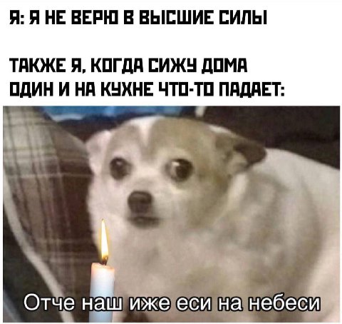 Я: Я НЕ ВЕРЮ В ВЫСШИЕ СИЛЫ ТАКЖЕ Я, КОГДА СИЖУ ДОМА ОДИН И НА КУХНЕ ЧТО-ТО ПАДАЕТ: тче нашиже есинанебеси