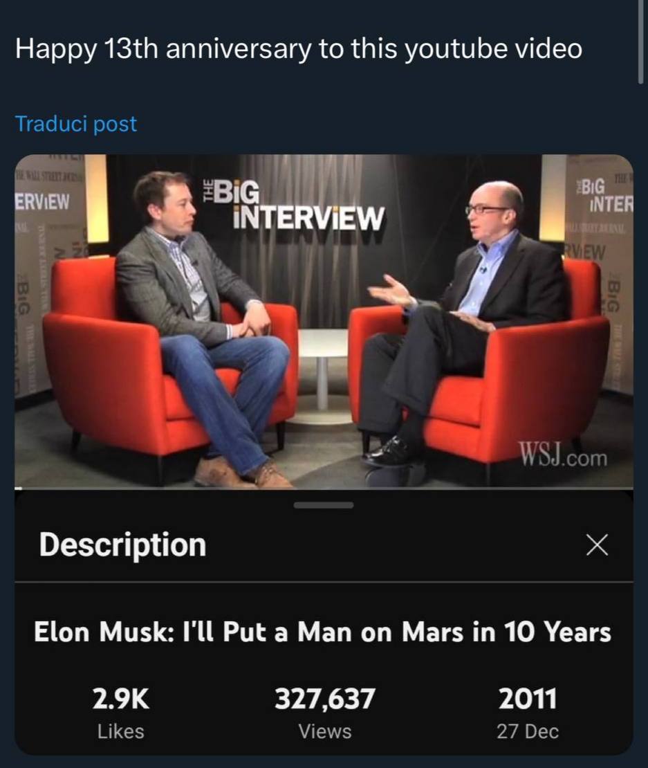 Happy anniversary to this youtube video Traduci post 22 VEW WSJ.com Description Elon Musk: I'll Put a Man on Mars in 10 Years 327,637 2011 Likes Views 27 Dec