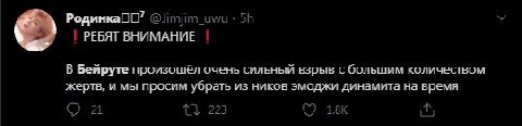 Родинка_ РЕБЯТ ВНИМАНИЕ В Бейруте произошел очень сильный взрыв с большим количеством жертв, и мы просим убрать из ников эмоджи динамита на время