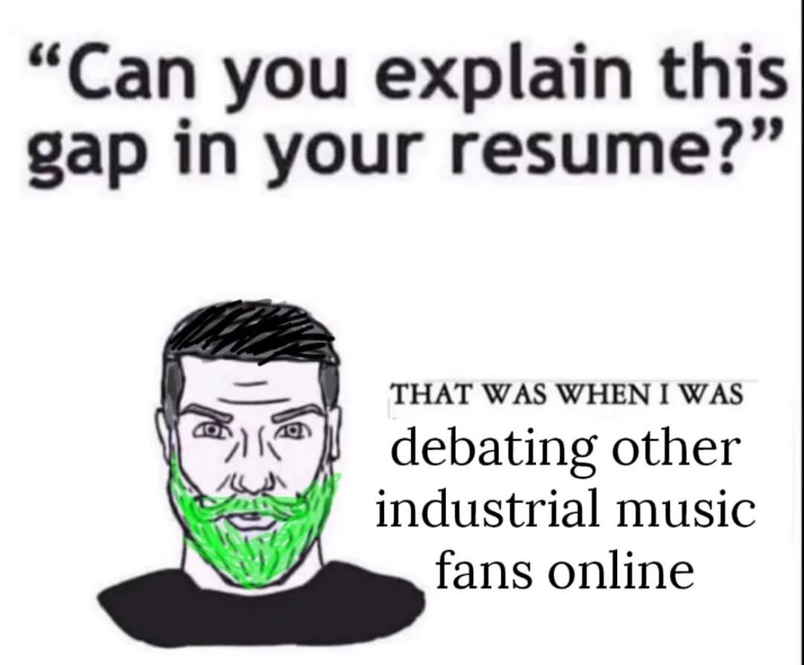 “Can you explain this gap in your resume?” THAT WAS WHEN I WAS debating other industrial music fans online