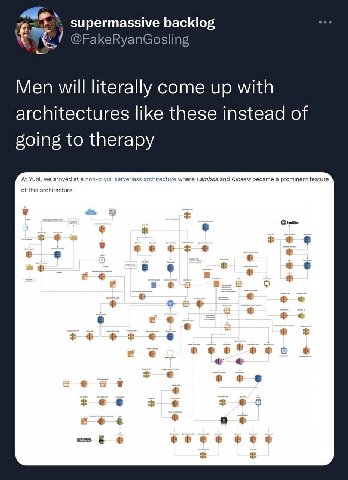 supermassive backlog @FakeRyanGosling Men will literally come up with architectures like these instead of going to therapy At Yubl, we arrived at a non-trivial serverless architecture where Lambda and