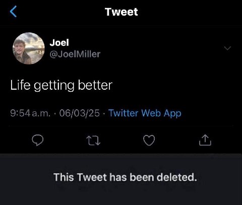 Tweet Joel @JoelMiller Life getting better 9:54 06/03/25 Twitter Web App This Tweet has been deleted.